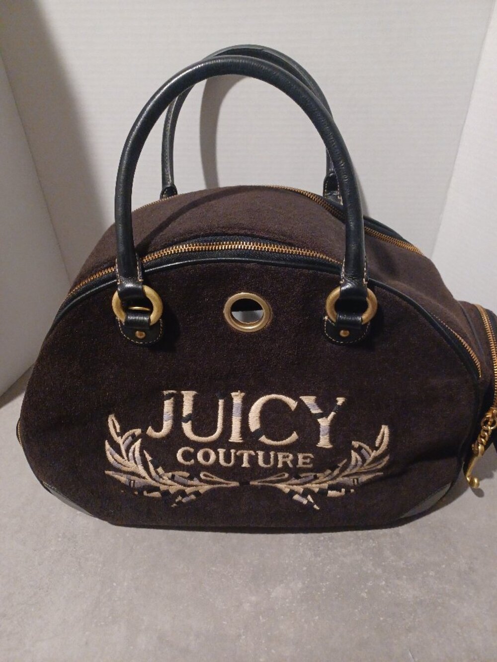 Share Vintage Juicy Couture Dog Carrier Bag Y2K Brown Velour Leather Trim